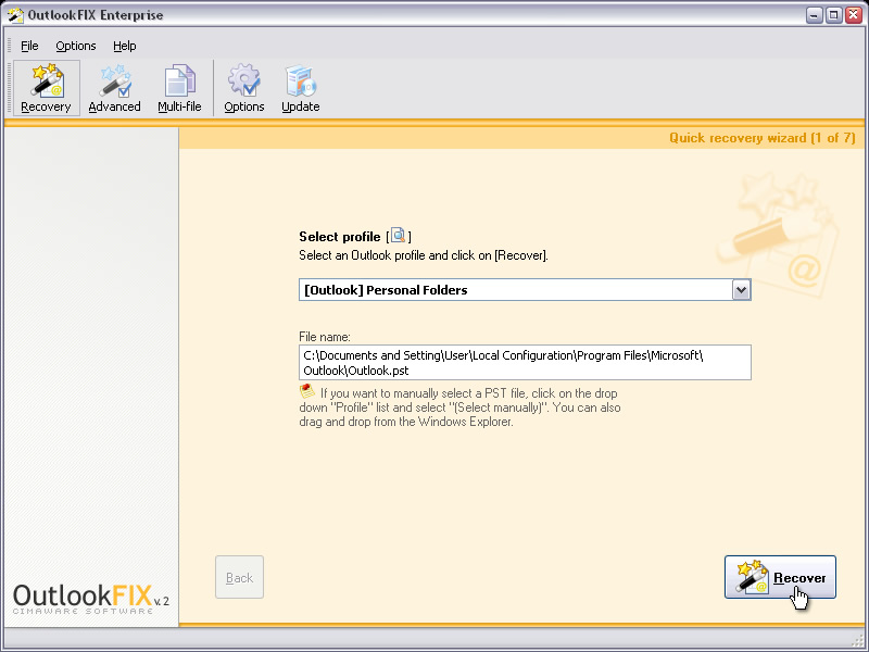 Screenshot of OutlookFIX Repair and Undelete