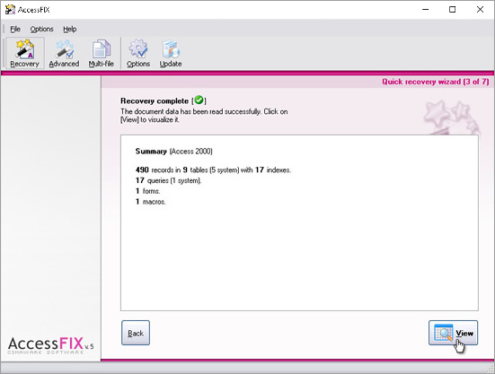 Click on “View” to see the recovered database.