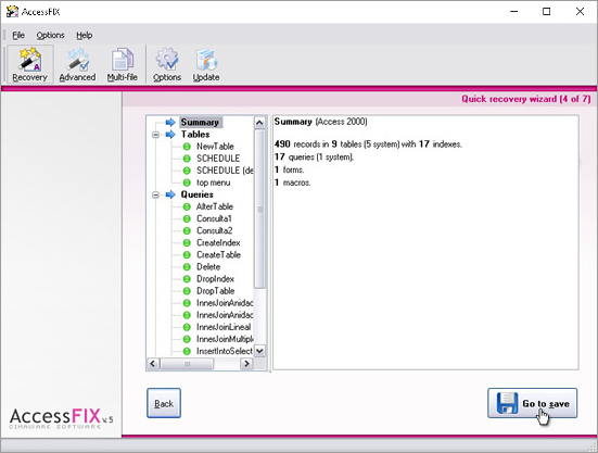 Click on Summary for an overview of the recovered database.