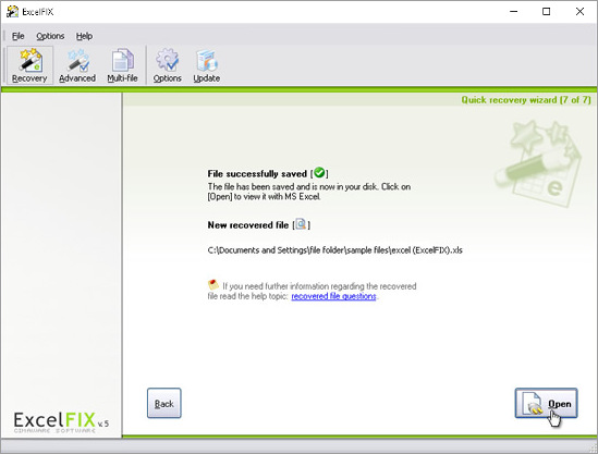Click on “Open” to view the recovered file in MS Excel.