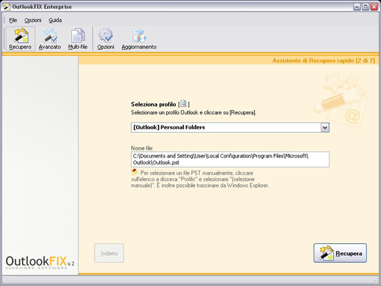 Cliccare su “Recupera” se OutlookFIX ha selezionato in modo automatico il file PST. In caso contrario, selezionare “Seleziona file” e usare Windows Explorer.