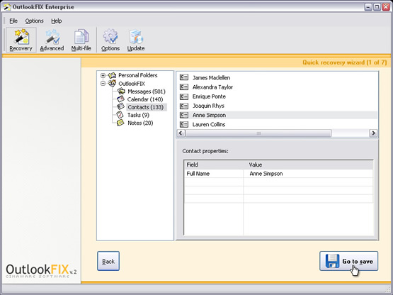 Click on Contacts to see the recovered contact items.