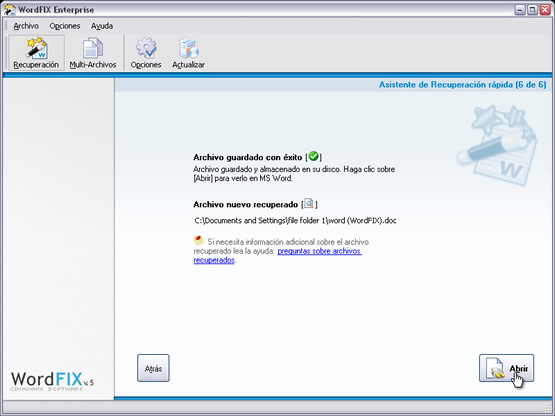 Haga click on “Abrir” para ver el archivo recuperado en MS Word.